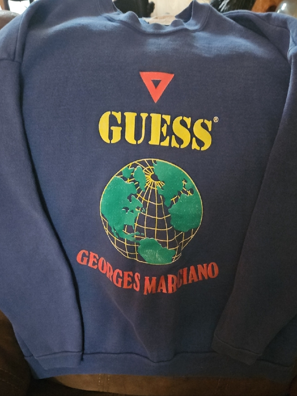 Vintage GUESS Navy Sweatshirt with Yellow Logo and Green Globe